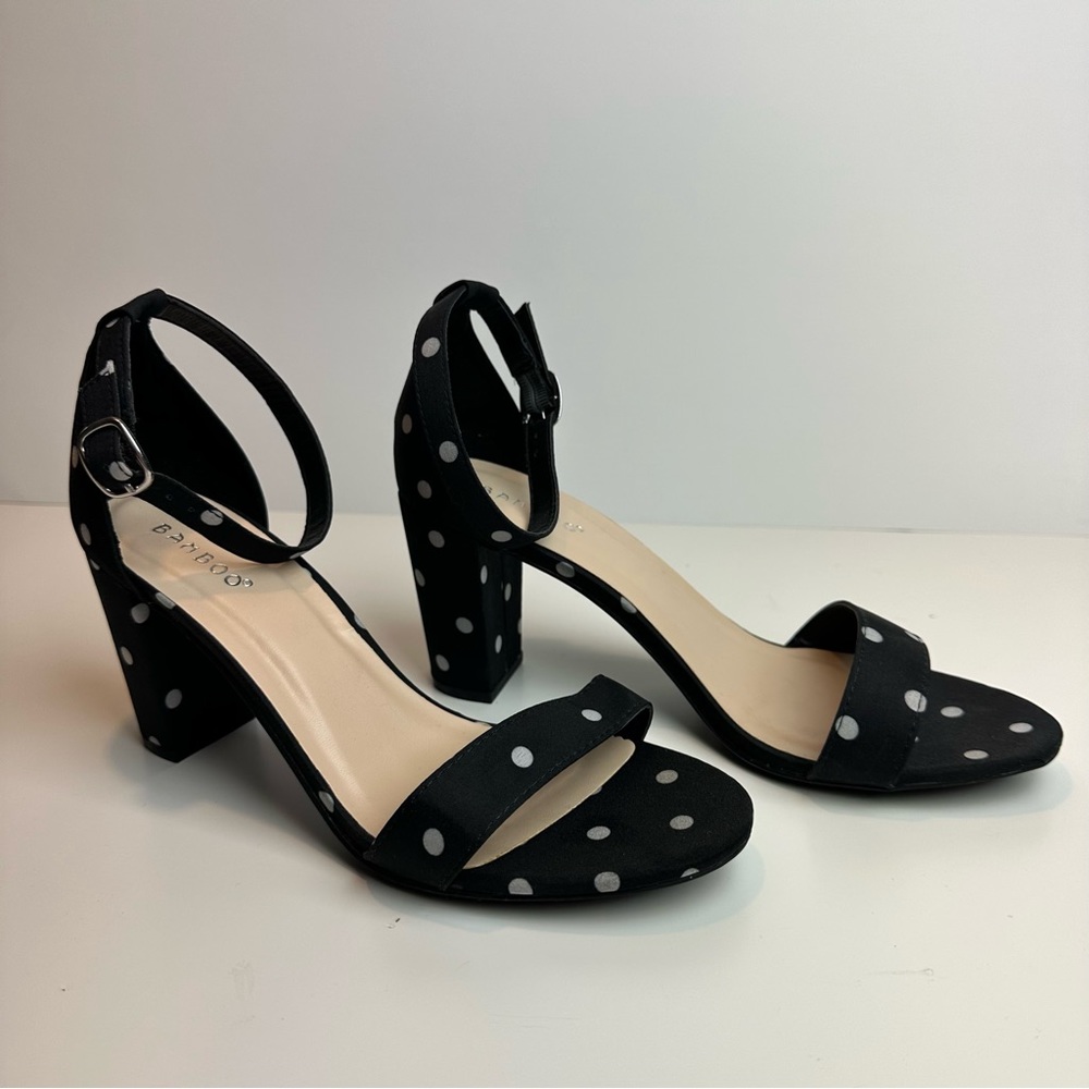 Bamboo Luca + Grae Polka Dot Black Heels | Size 9